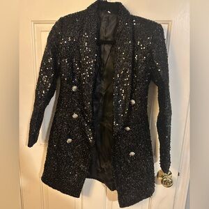 Black Sequin Double-Breasted Evening Blazer